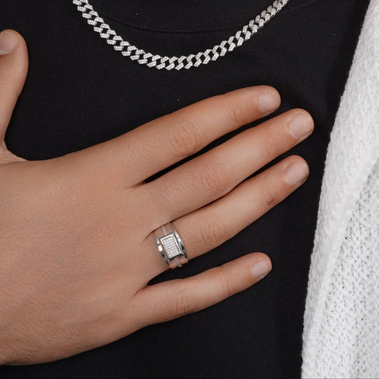 925 Sterling Silver Rhodium Plated Men's Classic Moissanite Rectangle Top 13mm Ring