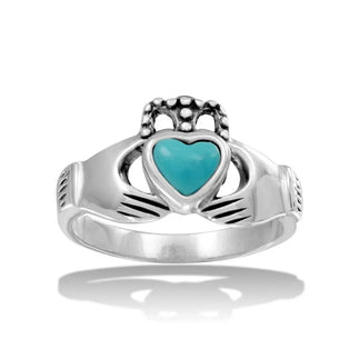 925 Sterling Silver High Polished Claddagh Ring with Turquoise Heart