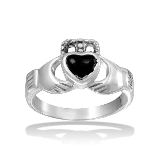 925 Sterling Silver High Polished Claddagh Ring with Black Heart