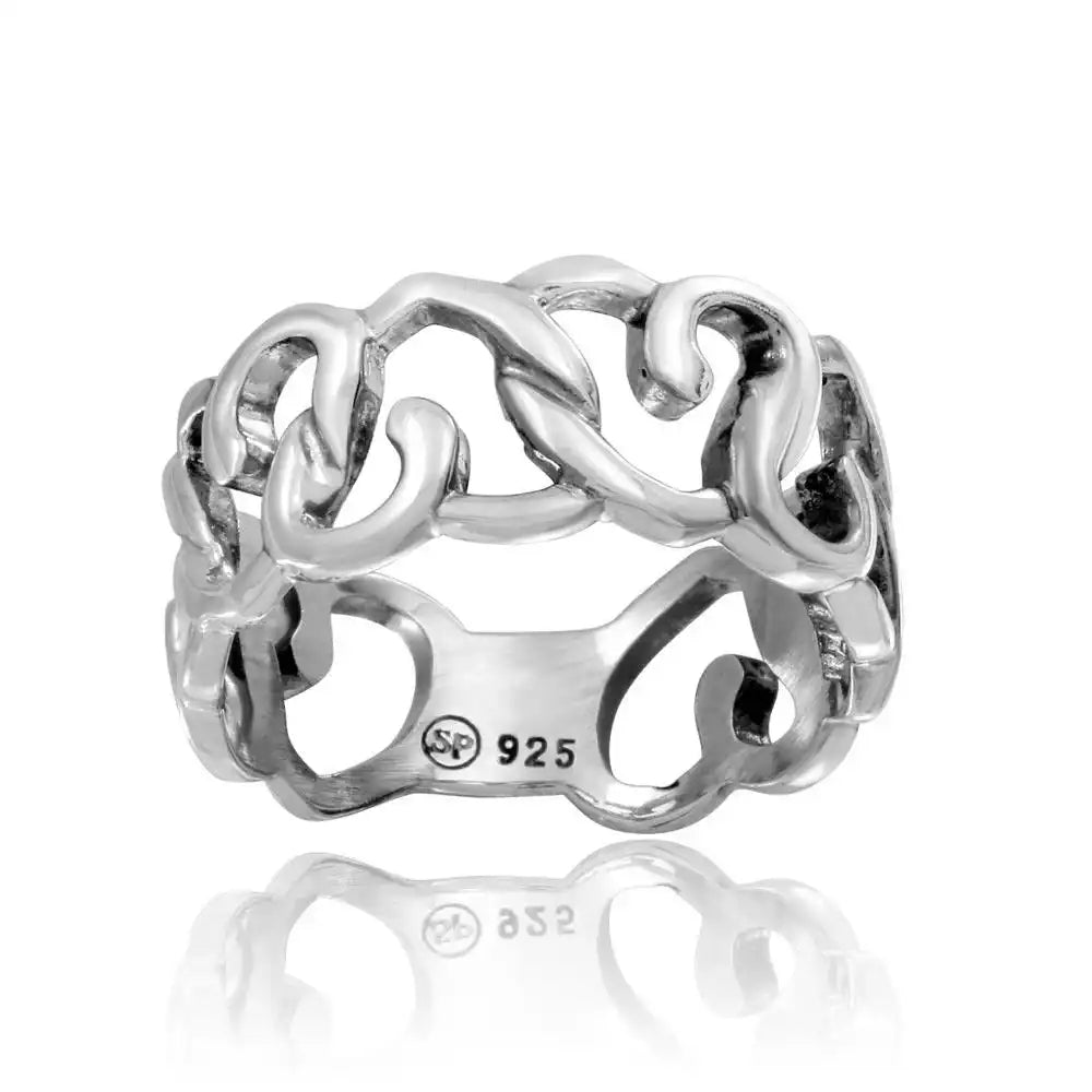 925 Sterling Silver High Polished Linked Hearts Ring