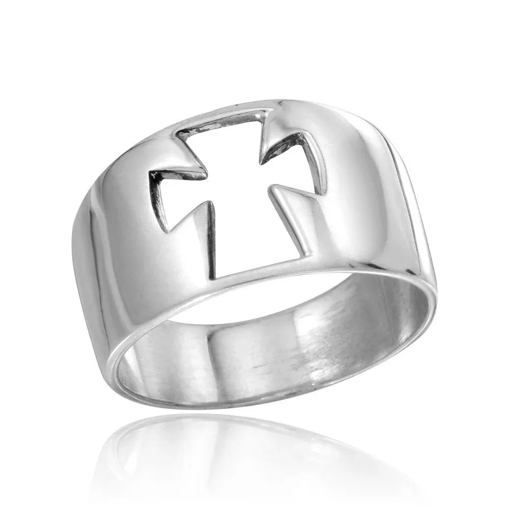 925 Sterling Silver High Polished Open Cross Ring
