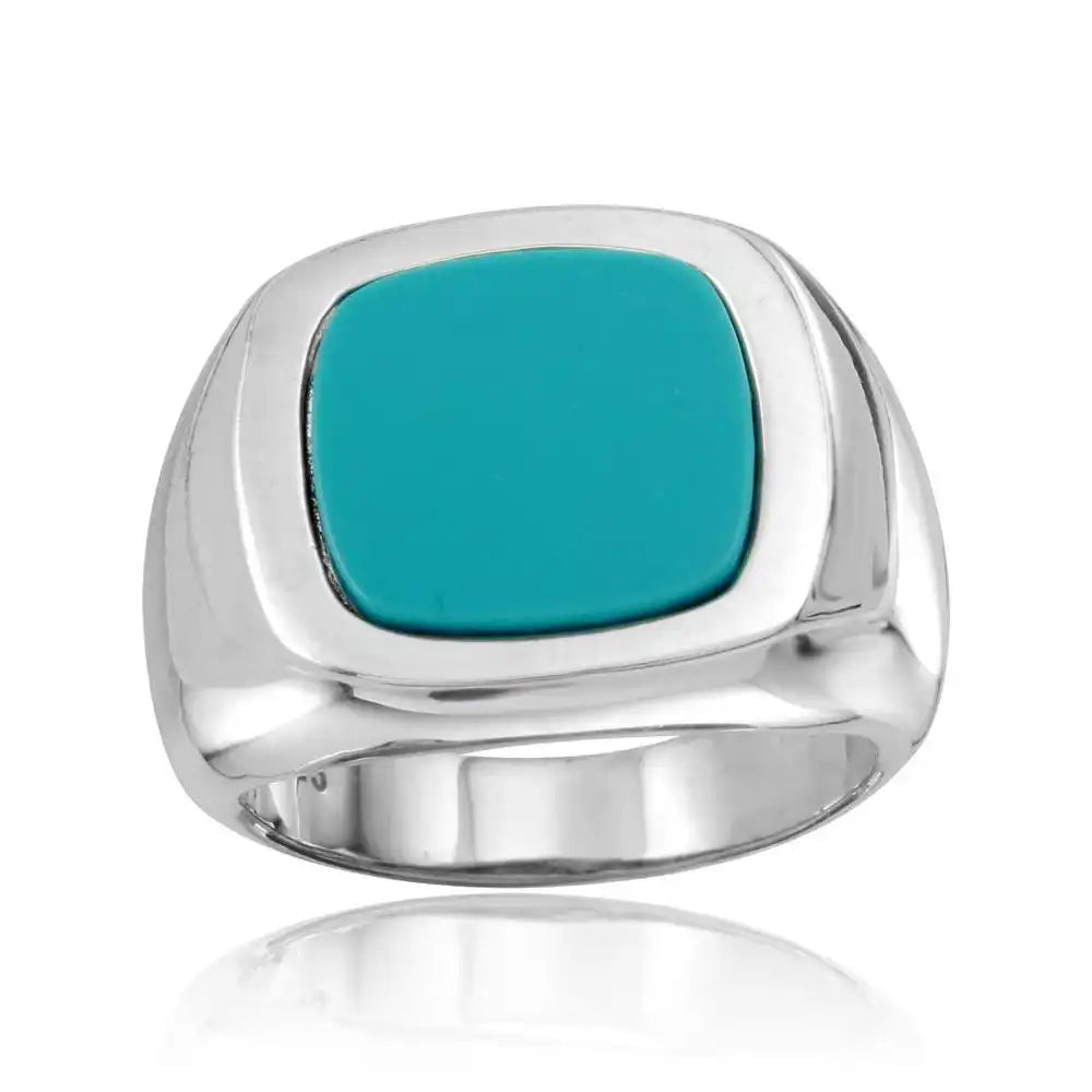925 Sterling Silver High Polished Square Dome Ring with Flat Turquoise Stone
