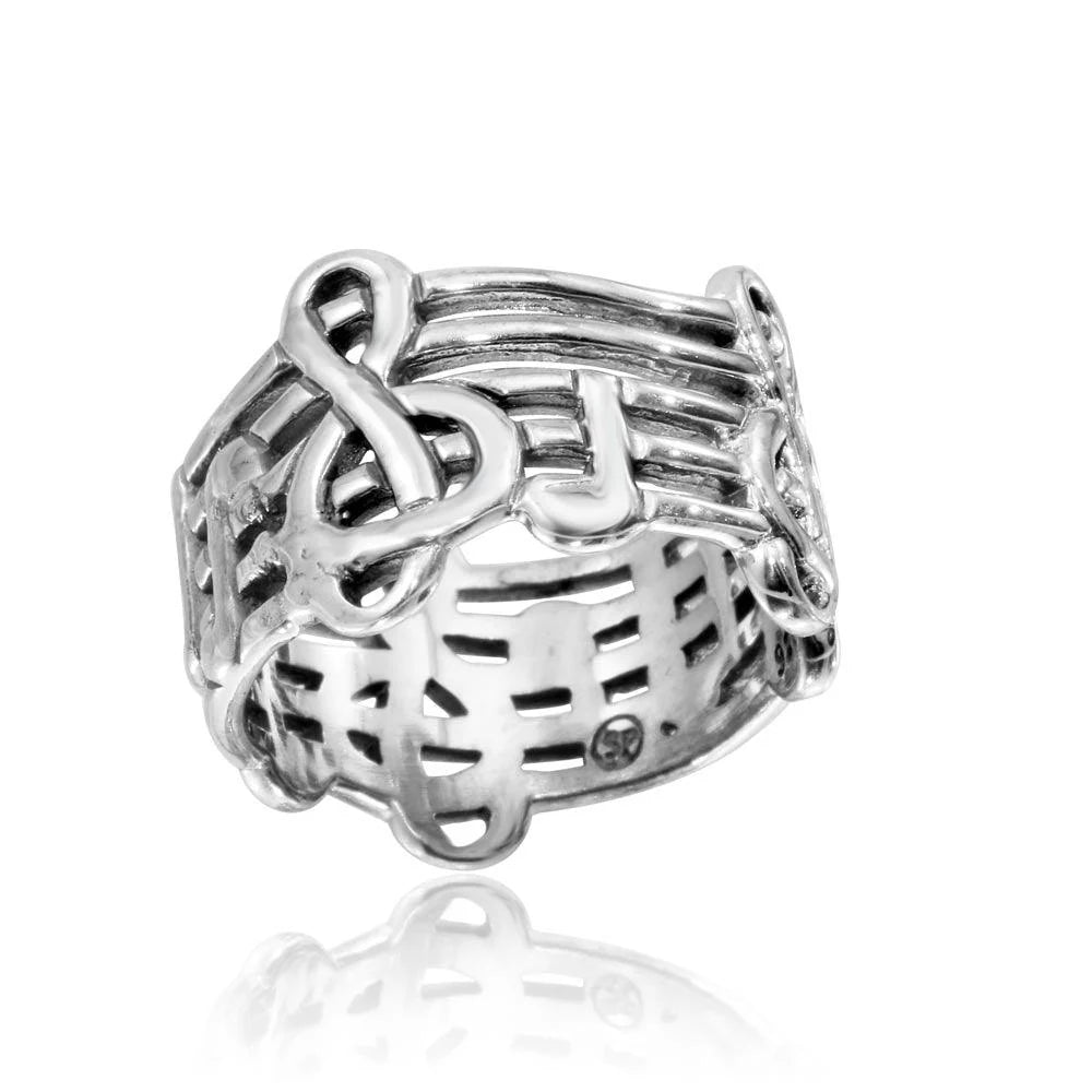 925 Sterling Silver High Polished Music Notes Ring
