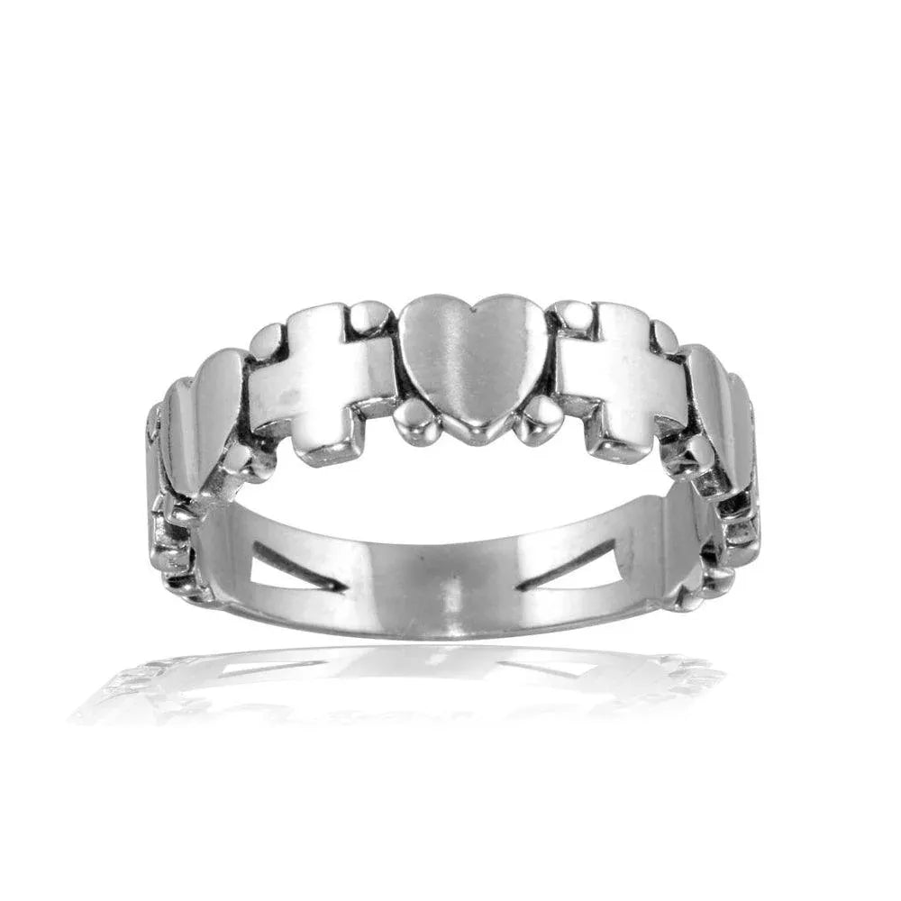 925 Sterling Silver High Polished Cross and Heart Ring