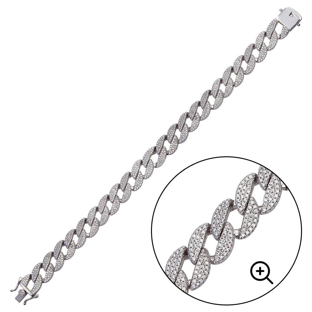 925 Sterling Silver Rhodium Plated CZ Round Curb Bracelet