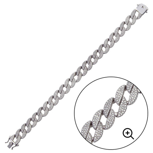925 Sterling Silver Rhodium Plated CZ Round Curb Bracelet