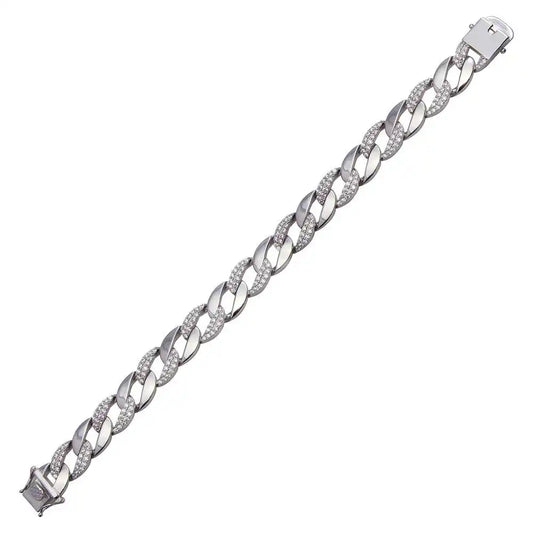 925 Sterling Silver Rhodium Plated Alternate CZ Round Curb Bracelet