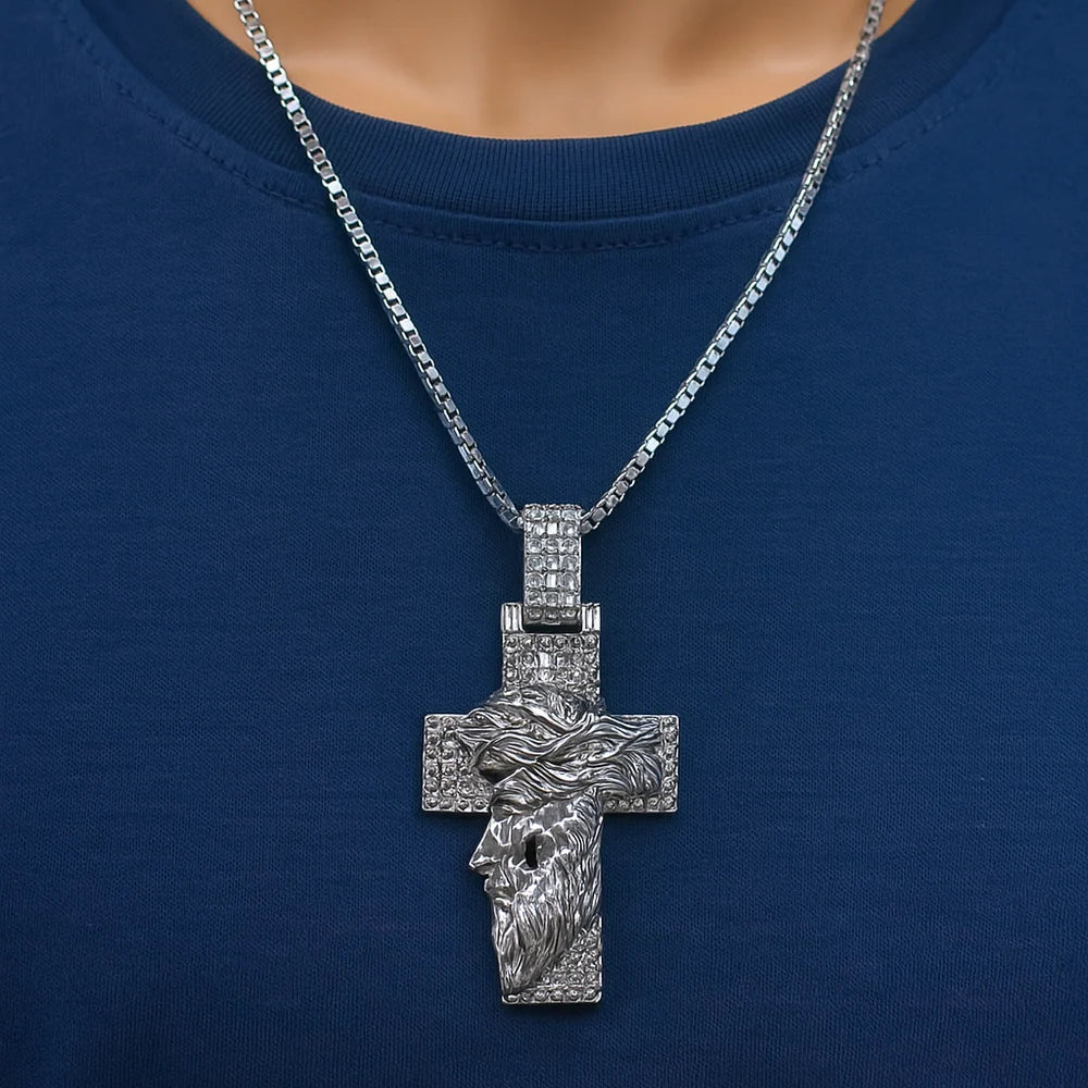 925 Sterling Silver Rhodium Plated Jesus Christ Cross Baguette CZ Studded 38mm x 60mm Pendant