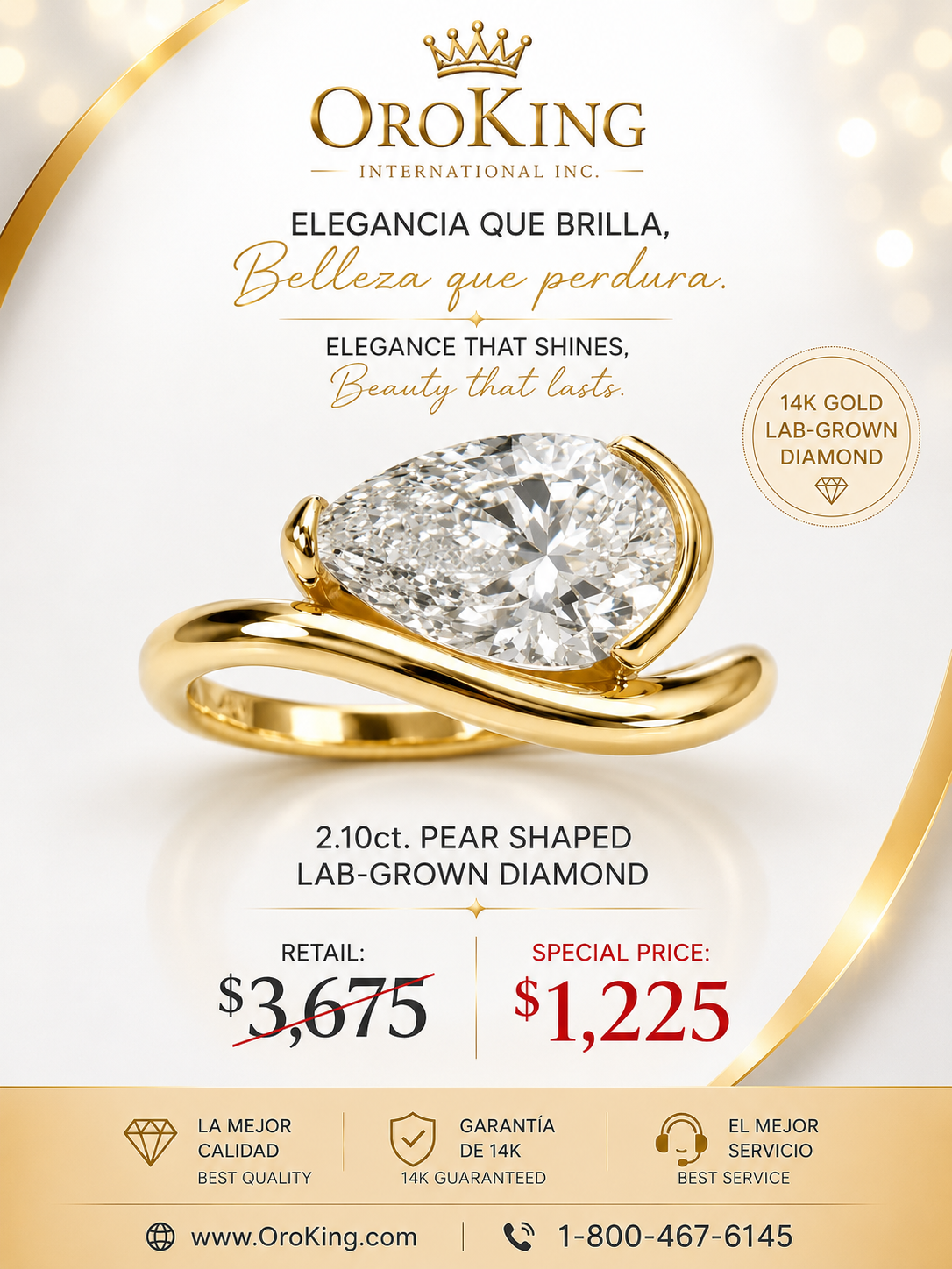 Women's 14K Gold Certified Lab-Grown Diamond Pear Shaped Curved Ring 2.10ct. TDW
