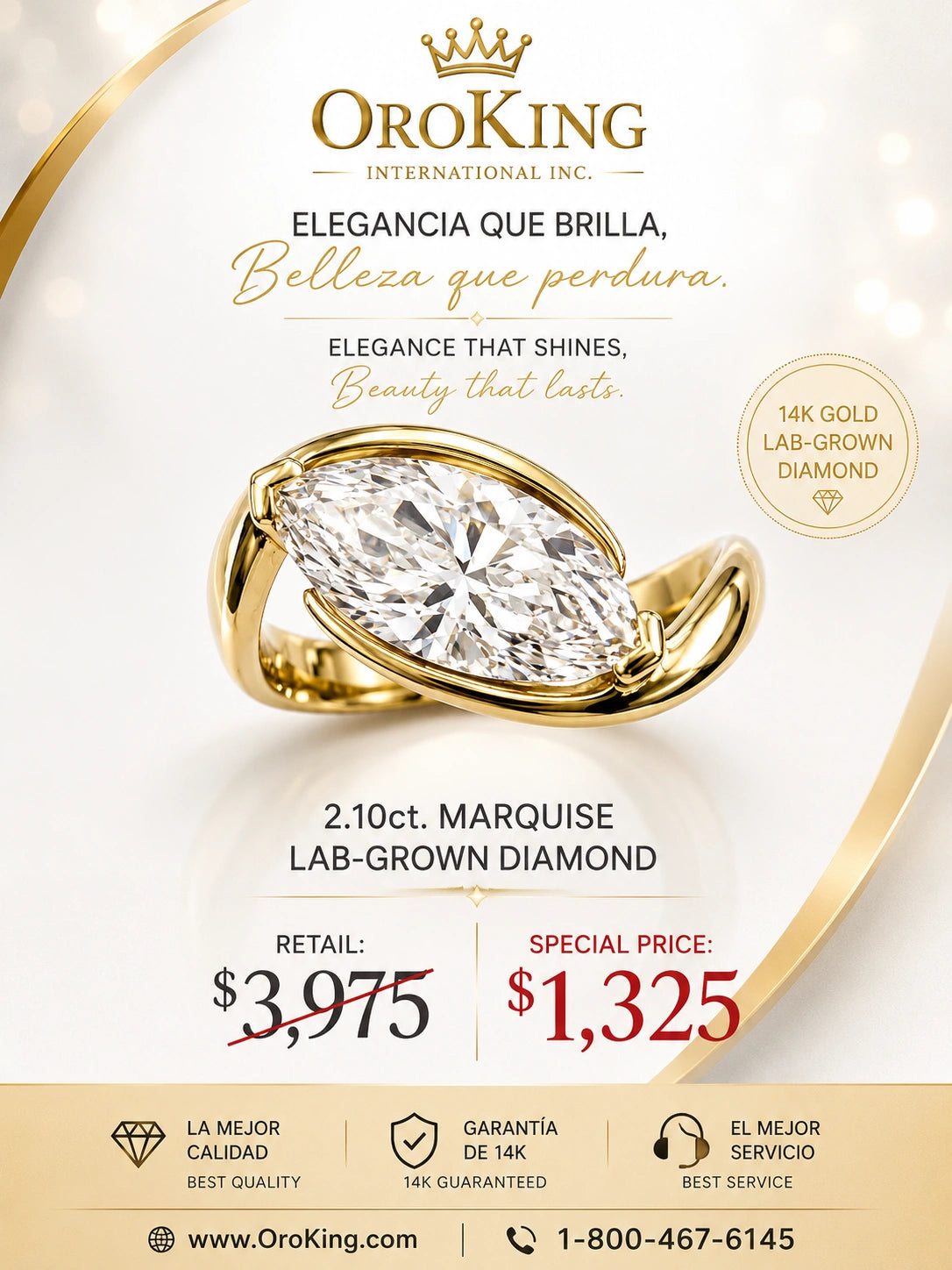Women's 14K Yellow Gold Certified Lab-Grown Diamond Marquise Curved Ring 2.10ct. Center Stone