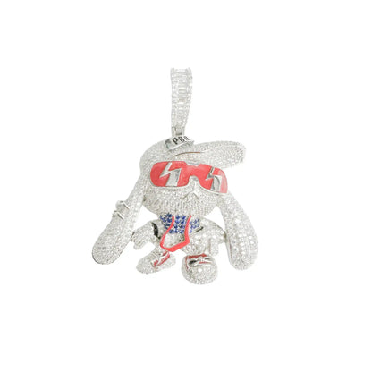 925 Sterling Silver Rhodium Plated Hip Hop Bunny Clear and Blue CZ Red Enamel Pendant