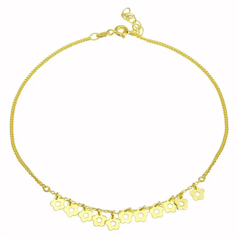 925 Sterling Silver Gold Plated Dangling Flower Anklets
