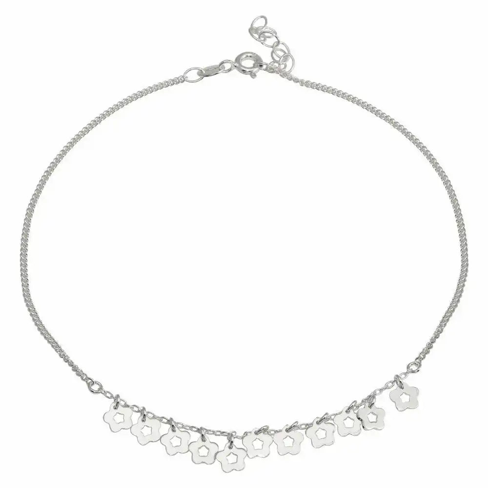 925 Sterling Silver Rhodium Plated Dangling Flower Anklets