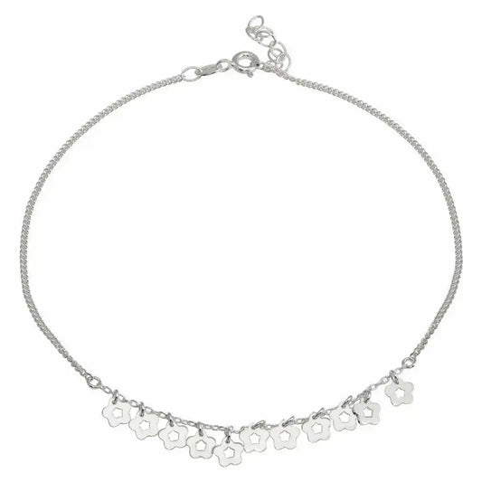 925 Sterling Silver Rhodium Plated Dangling Flower Anklets
