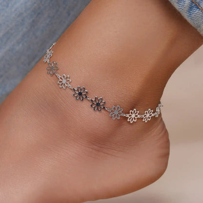 925 Sterling Silver High Polished Outline Flower Link Anklets