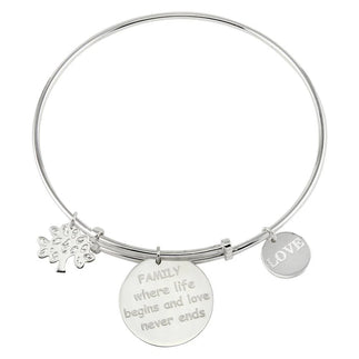 925 Sterling Silver Rhodium Plated Family Charms Adjustable Bangle