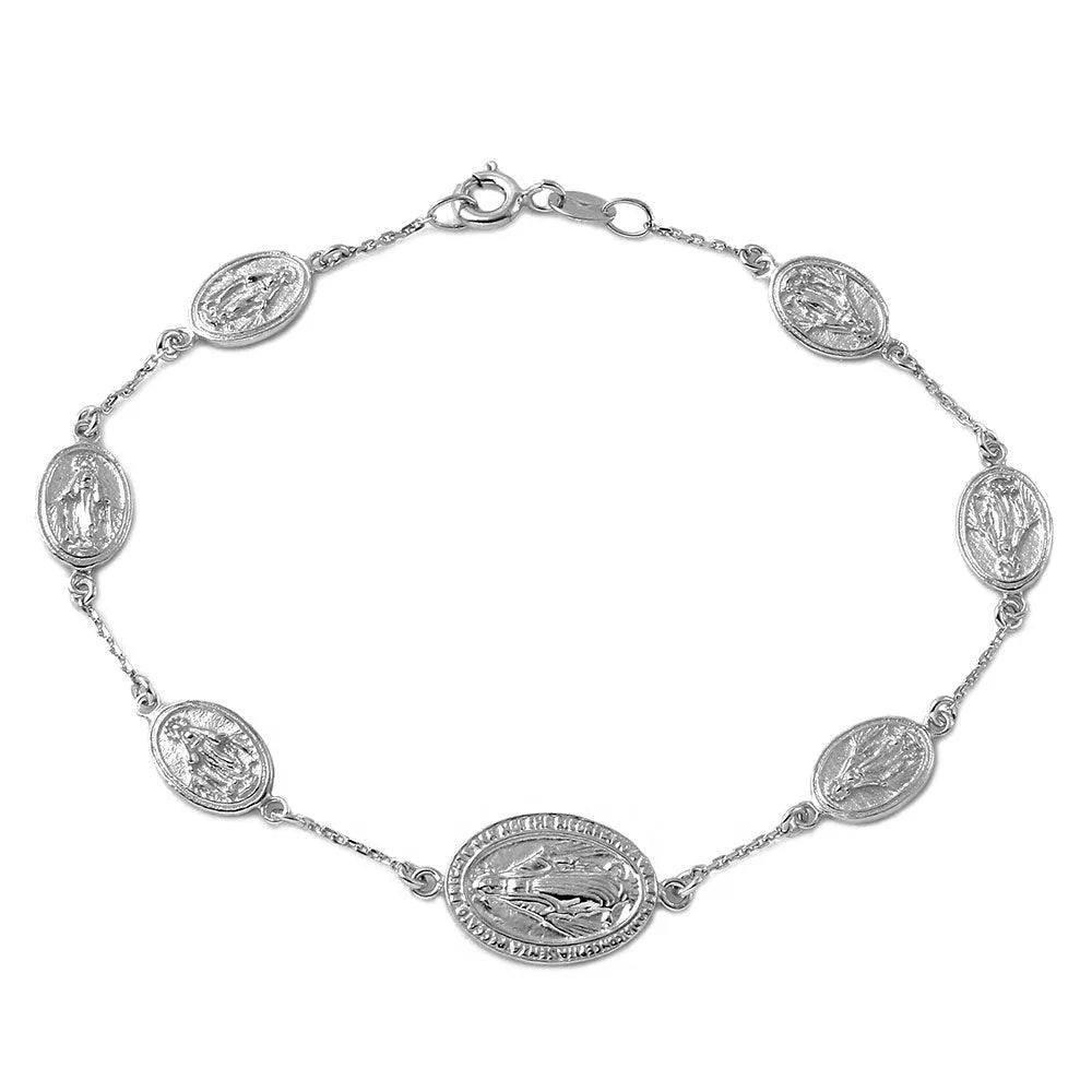 925 Sterling Silver Rhodium Plated Religious Medallion Charm Bracelet