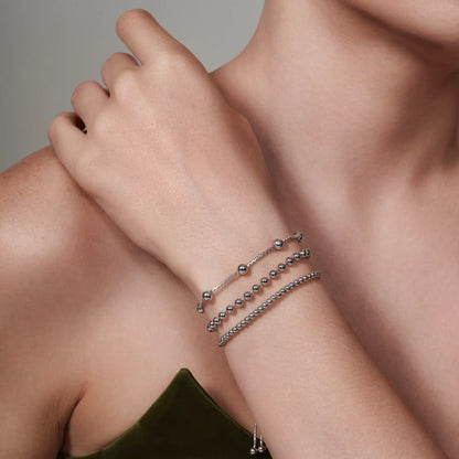925 Sterling Silver Rhodium Plated Beaded Lariat Bracelet