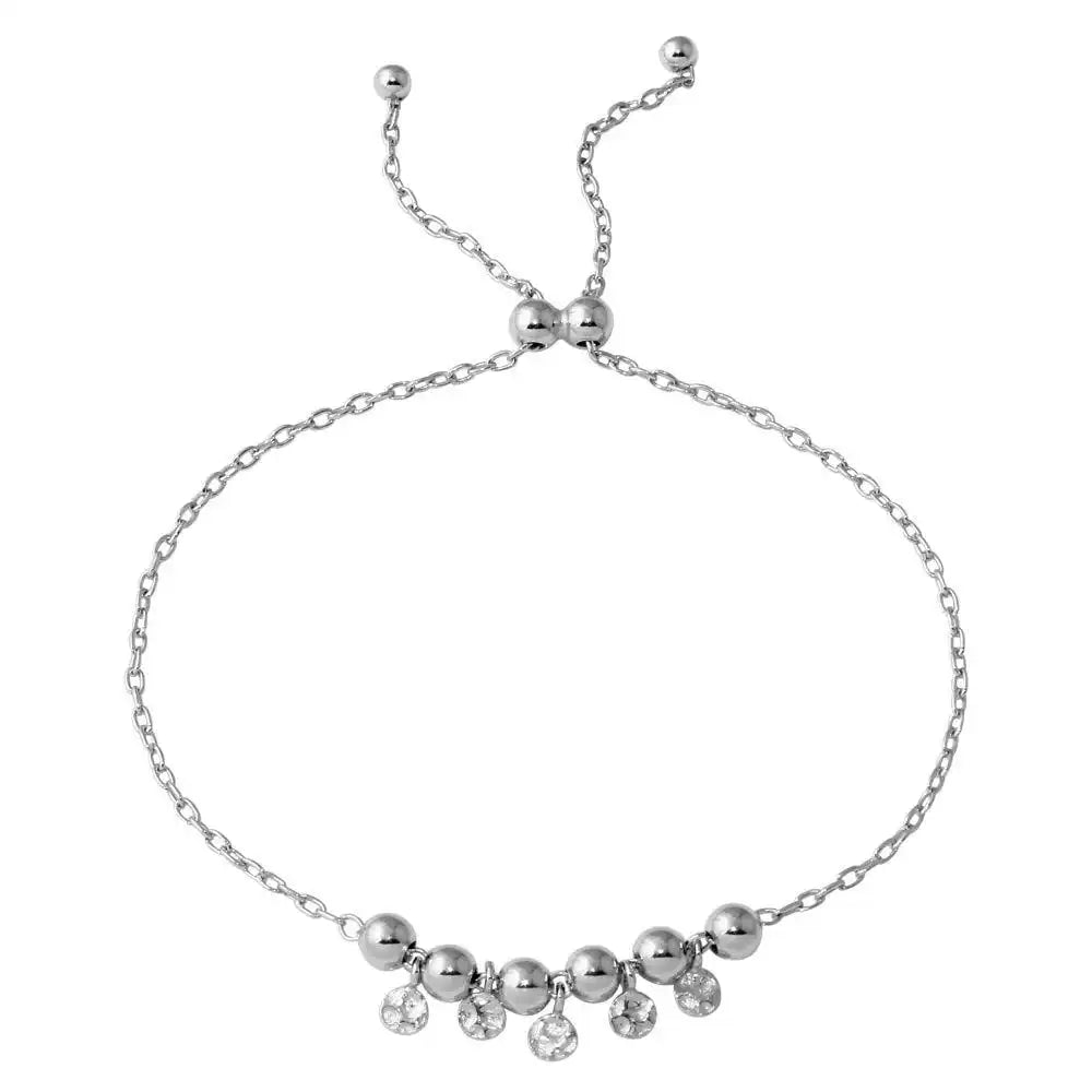 925 Sterling Silver Rhodium Plated Ball with Dangling Confetti Lariat Bracelet