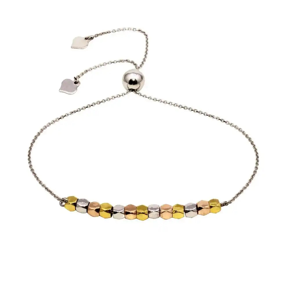 925 Sterling Silver Rhodium Plated Tri-Color Bead Lariat Bracelet