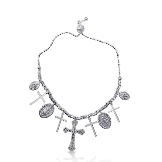 925 Sterling Silver Rhodium Plated Cross and Medallion Charm Bracelet