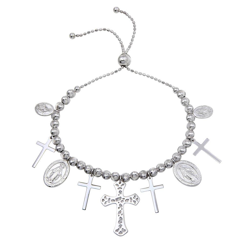 925 Sterling Silver Rhodium Plated Cross and Medallion Charm Bracelet