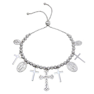 925 Sterling Silver Rhodium Plated Cross and Medallion Charm Bracelet