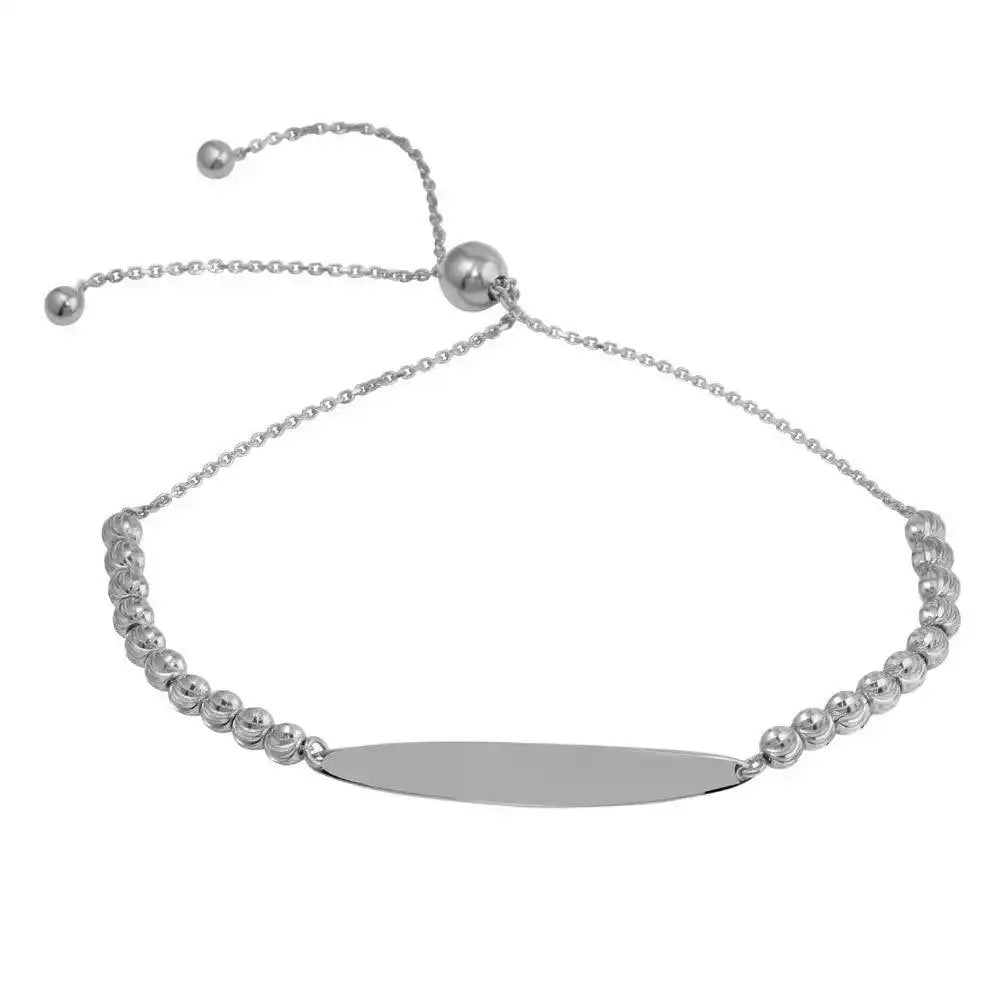 925 Sterling Silver Rhodium Plated Beaded Engravable ID Lariat Bracelet