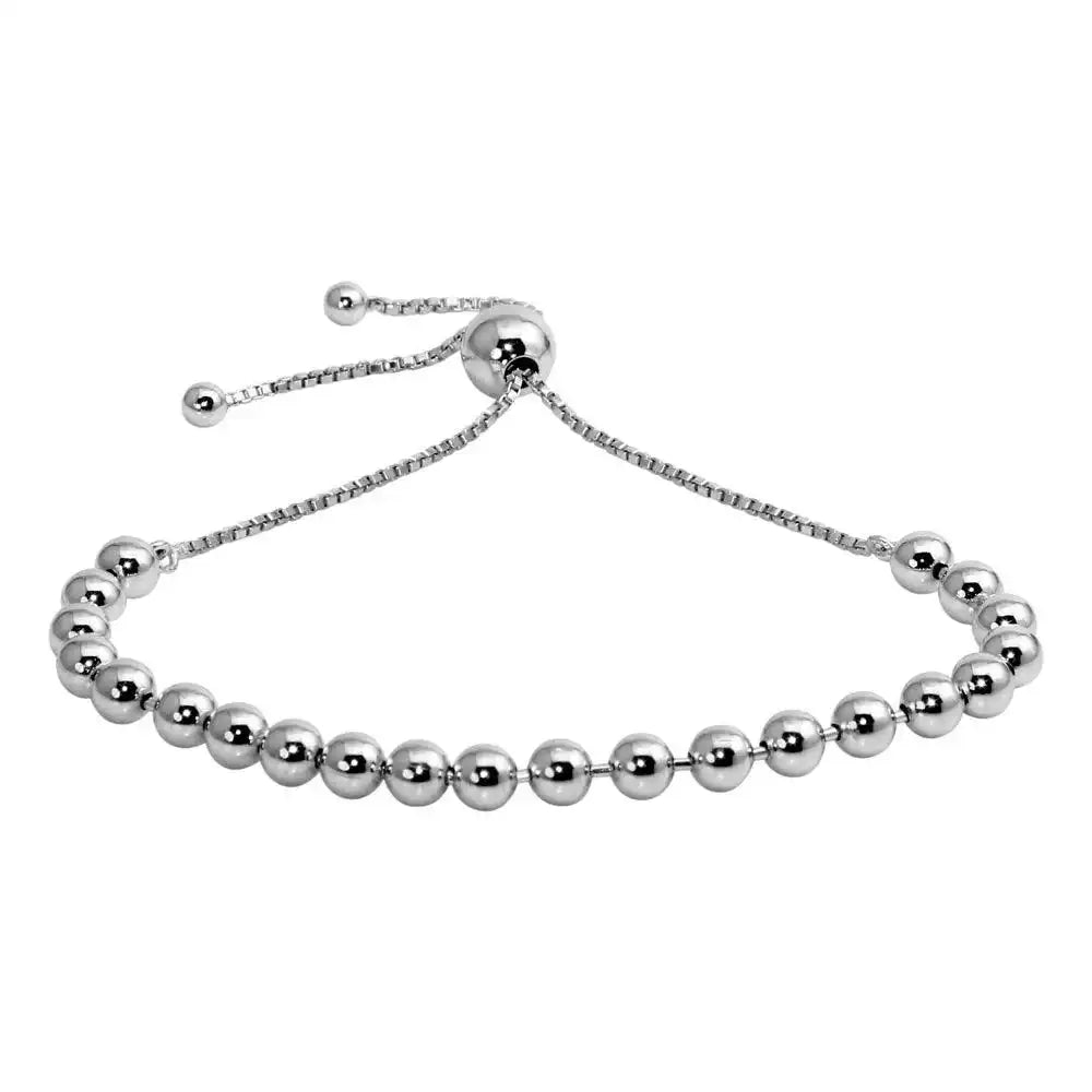 925 Sterling Silver Rhodium Plated Beaded Lariat Bracelet