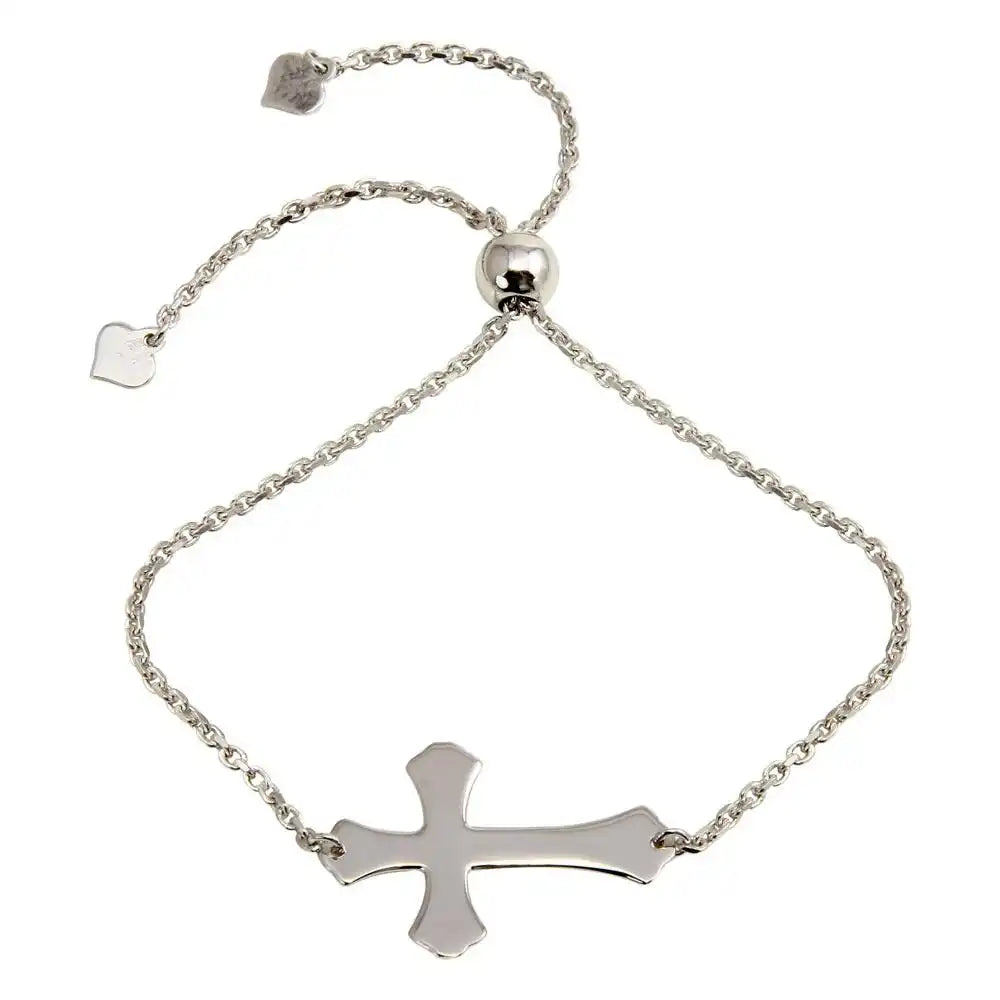 925 Sterling Silver Rhodium Plated Lariat Side Way Cross Bracelet