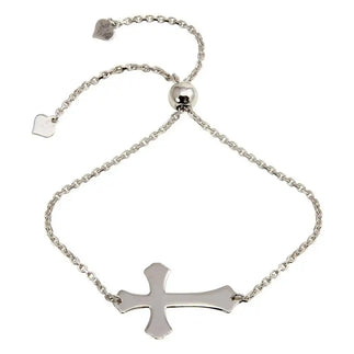 925 Sterling Silver Rhodium Plated Lariat Side Way Cross Bracelet