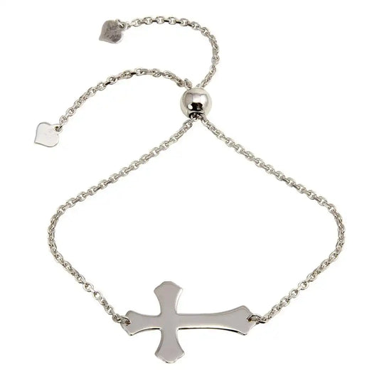 925 Sterling Silver Rhodium Plated Lariat Side Way Cross Bracelet