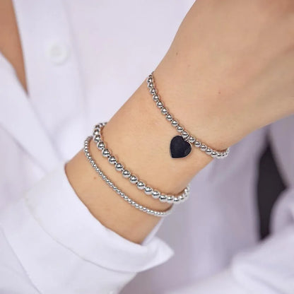 925 Sterling Silver Rhodium Plated Beaded Engravable Heart Lariat Bracelet