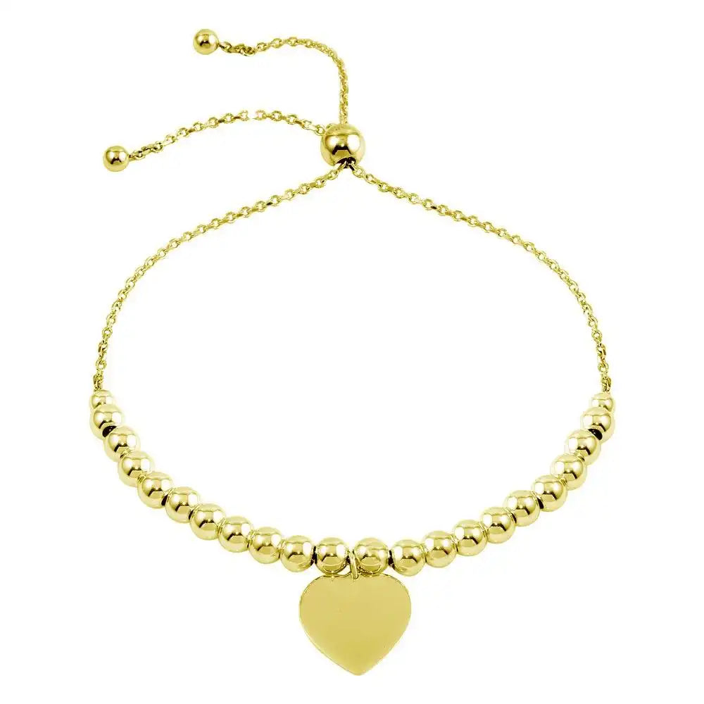 925 Sterling Silver Gold Plated Beaded Engravable Heart Lariat Bracelet