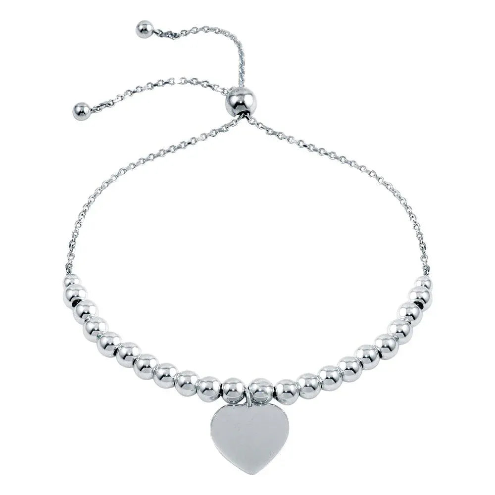 925 Sterling Silver Rhodium Plated Beaded Engravable Heart Lariat Bracelet