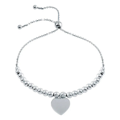 925 Sterling Silver Rhodium Plated Beaded Engravable Heart Lariat Bracelet