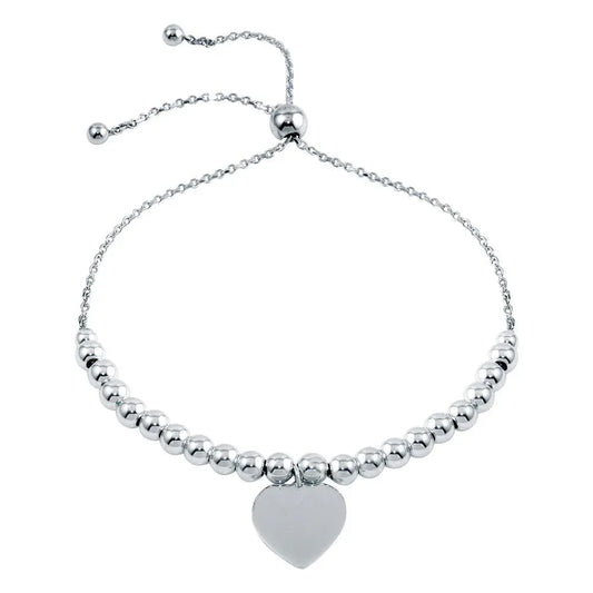 925 Sterling Silver Rhodium Plated Beaded Engravable Heart Lariat Bracelet