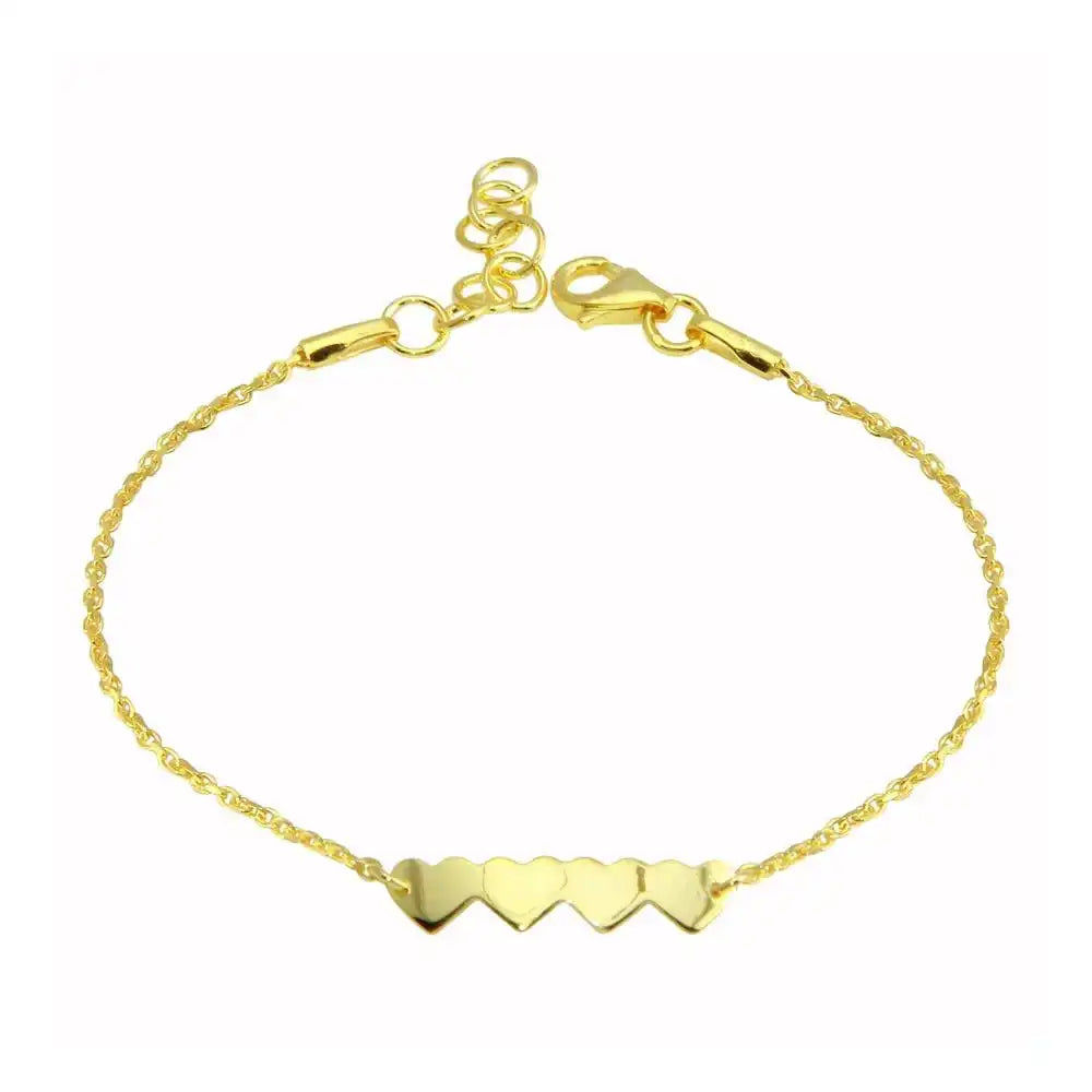 925 Sterling Silver Gold Plated 4 Hearts Chain Bracelet
