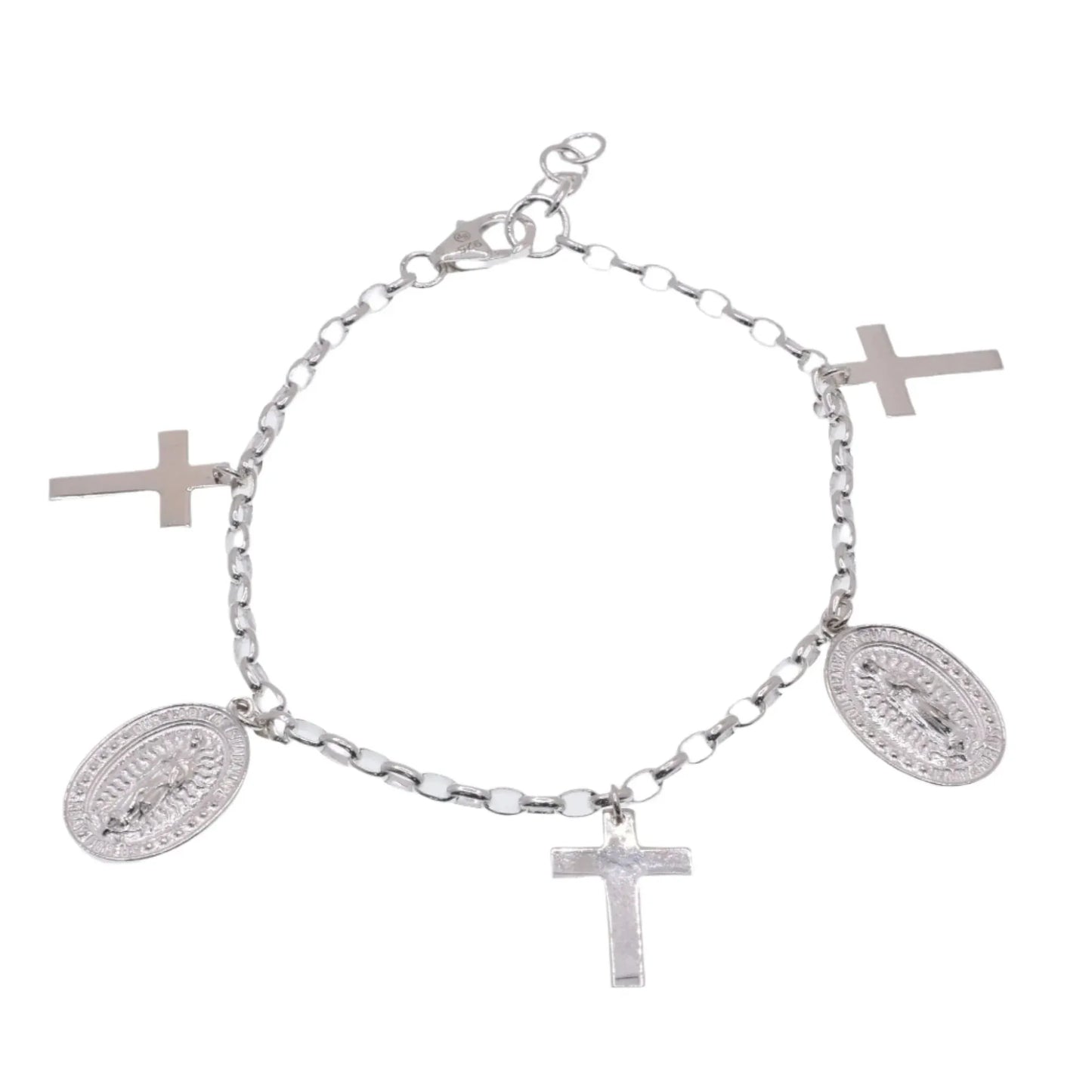 925 Sterling Silver High Polished Guadalupe and Cross Adjustable Bracelet