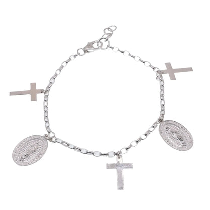 925 Sterling Silver High Polished Guadalupe and Cross Adjustable Bracelet