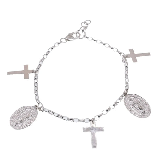 925 Sterling Silver High Polished Guadalupe and Cross Adjustable Bracelet