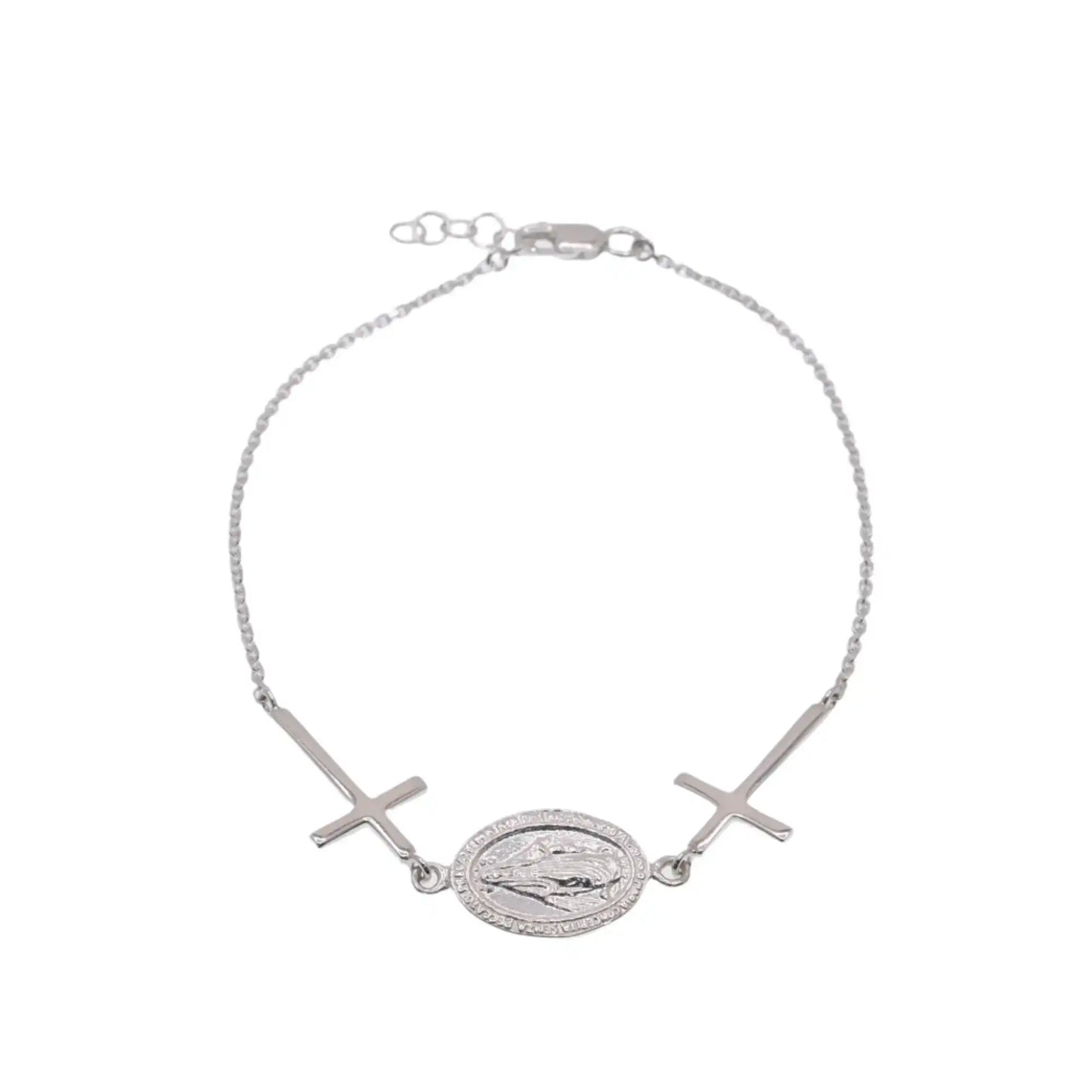 925 Sterling Silver High Polished Maria Concepita Miraculous Medaland Cross Adjustable Bracelet