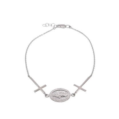925 Sterling Silver High Polished Maria Concepita Miraculous Medaland Cross Adjustable Bracelet