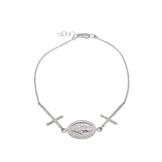 925 Sterling Silver High Polished Maria Concepita Miraculous Medaland Cross Adjustable Bracelet