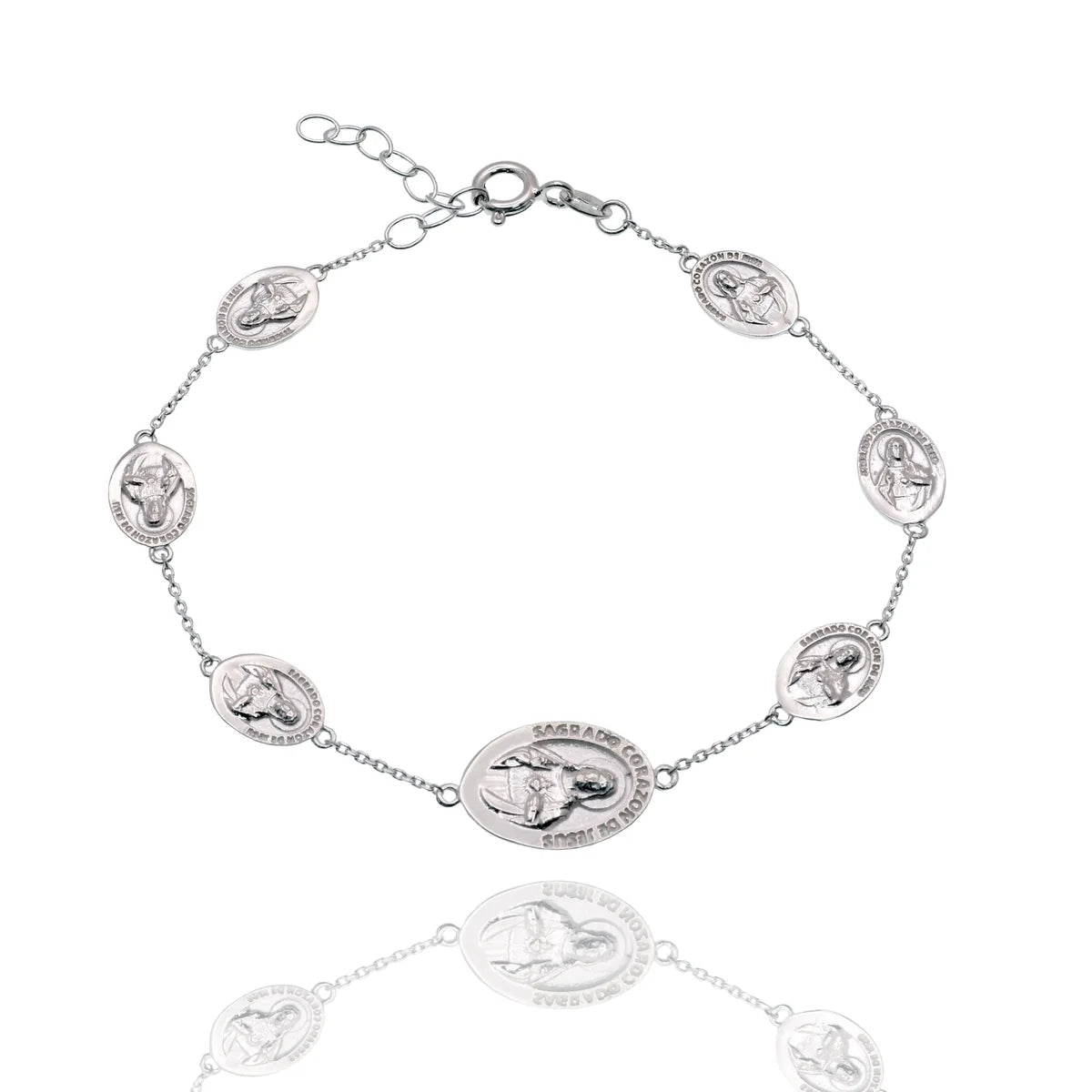 925 Sterling Silver High Polished Sacred Heart Jesus Medal Adjustable Bracelet