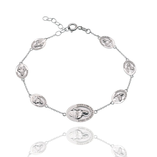 925 Sterling Silver High Polished Sacred Heart Jesus Medal Adjustable Bracelet