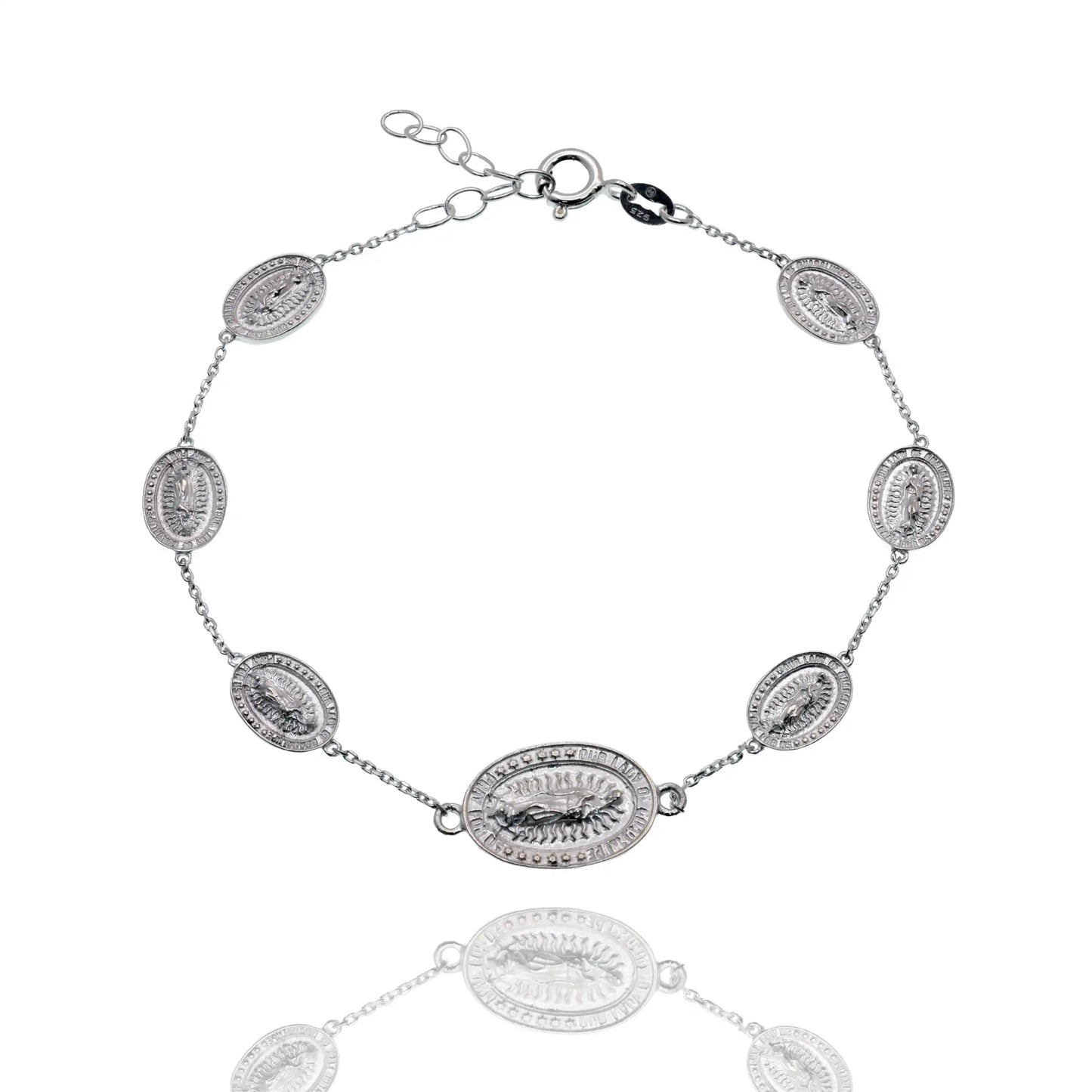 925 Sterling Silver High Polished Our Lady of Guadalupe Adjustable Bracelet