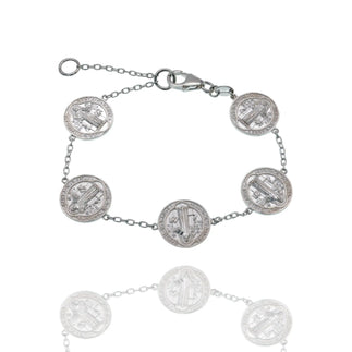 925 Sterling Silver High Polished Saint Benedict Prayer Medal Adjustable Bracelet