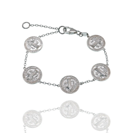925 Sterling Silver High Polished Saint Benedict Prayer Medal Adjustable Bracelet