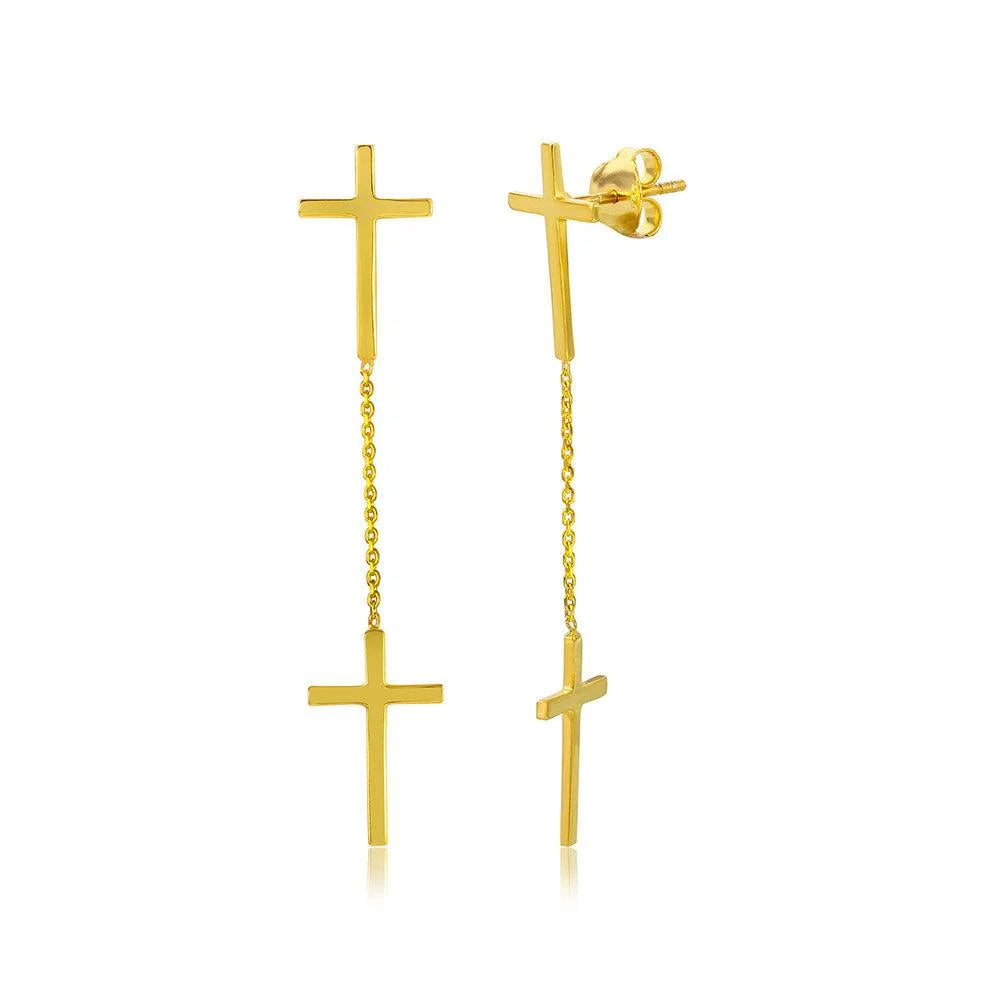 925 Silver Gold Plated Double Hanging Cross Earrings